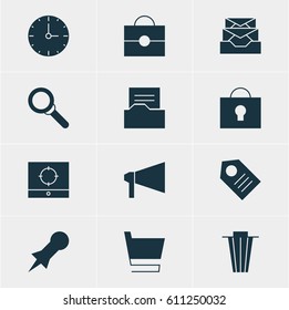 Vector Illustration Of 12 Web Icons. Editable Pack Of Keyhole, Magnifier, Trolley And Other Elements.