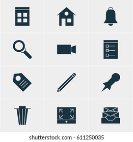 Vector Illustration Of 12 Web Icons. Editable Pack Of House, Maximize, Notification And Other Elements.