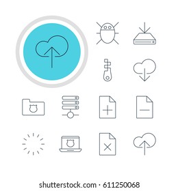 Vector Illustration Of 12 Web Icons. Editable Pack Of Document Adding, Information Load, Server And Other Elements.