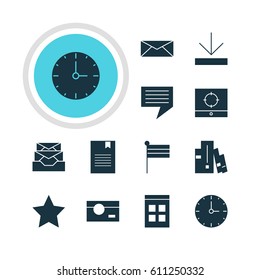 Vector Illustration Of 12 Web Icons. Editable Pack Of Bookshelf, Upload, Bookmark And Other Elements.