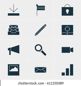 Vector Illustration Of 12 Web Icons. Editable Pack Of Video Camera, Target Scope, Letter And Other Elements.