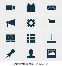 Vector Illustration Of 12 Web Icons. Editable Pack Of Upload, Account, Target Scope And Other Elements.