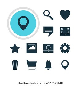 Vector Illustration Of 12 Web Icons. Editable Pack Of Gear, Love, Landscape Photo Elements.