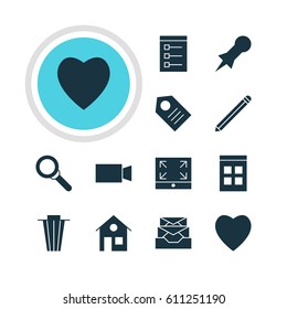 Vector Illustration Of 12 Web Icons. Editable Pack Of Date Time, Thumbtack, Love And Other Elements.