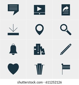 Vector Illustration Of 12 Web Icons. Editable Pack Of Document Transfer, Map Pointer, Bookshelf And Other Elements.