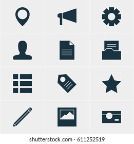 Vector Illustration Of 12 Web Icons. Editable Pack Of Landscape Photo, Capture, Gear Elements.