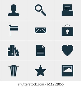 Vector Illustration Of 12 Web Icons. Editable Pack Of Keyhole, Document Directory, Landscape Photo Elements.