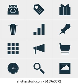 Vector Illustration Of 12 Web Icons. Editable Pack Of Landscape Photo, Coupon , Magnifier Elements.