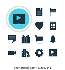 Vector Illustration Of 12 Web Icons. Editable Pack Of Chat, Trolley, Bookshelf And Other Elements.