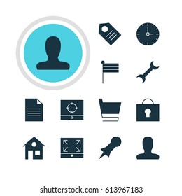 Vector Illustration Of 12 Web Icons. Editable Pack Of Settings, Trolley, Thumbtack And Other Elements.