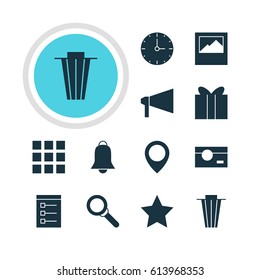 Vector Illustration Of 12 Web Icons. Editable Pack Of Trash, Board, Landscape Photo Elements.