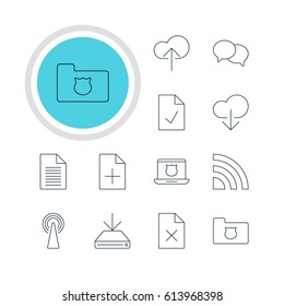 Vector Illustration Of 12 Web Icons. Editable Pack Of Data Upload, Router, Note And Other Elements.