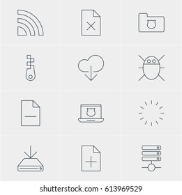 Vector Illustration Of 12 Web Icons. Editable Pack Of Secure Laptop, Removing File, Server And Other Elements.