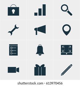 Vector Illustration Of 12 Web Icons. Editable Pack Of Settings, Pen, Maximize And Other Elements.