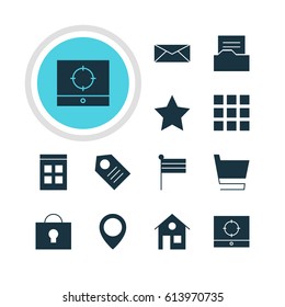 Vector Illustration Of 12 Web Icons. Editable Pack Of Map Marker, Bookmark, Date Time And Other Elements.