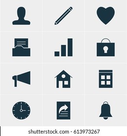 Vector Illustration Of 12 Web Icons. Editable Pack Of Pen, Bullhorn, House And Other Elements.