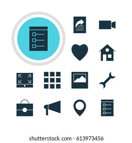 Vector Illustration Of 12 Web Icons. Editable Pack Of Map Pointer, Landscape Photo, Settings Elements.