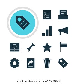 Vector Illustration Of 12 Web Icons. Editable Pack Of Bullhorn, Increase Chart, Board And Other Elements.