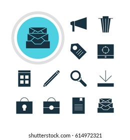 Vector Illustration Of 12 Web Icons. Editable Pack Of Portfolio, Messages, Bullhorn And Other Elements.