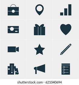 Vector Illustration Of 12 Web Icons. Editable Pack Of Bullhorn, Portfolio, Bookshelf And Other Elements.