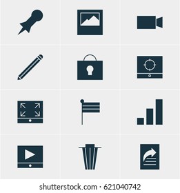 Vector Illustration Of 12 Web Icons. Editable Pack Of Landscape Photo, Increase Chart , Video Camera Elements.