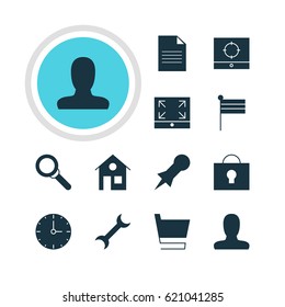 Vector Illustration Of 12 Web Icons. Editable Pack Of Thumbtack, Keyhole, Document And Other Elements.