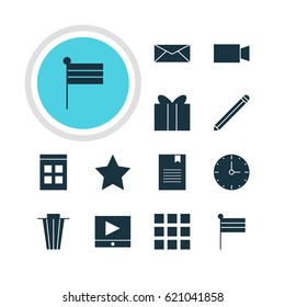 Vector Illustration Of 12 Web Icons. Editable Pack Of Bookmark, Play Button, Grid And Other Elements.