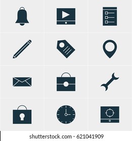 Vector Illustration Of 12 Web Icons. Editable Pack Of Coupon, Target Scope, Letter And Other Elements.