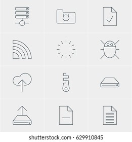 Vector Illustration Of 12 Web Icons. Editable Pack Of Server, Note, Privacy Doc And Other Elements.