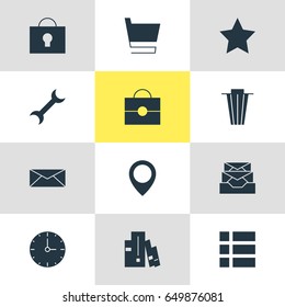 Vector Illustration Of 12 Web Icons. Editable Pack Of Bookmark, List, Trolley And Other Elements.