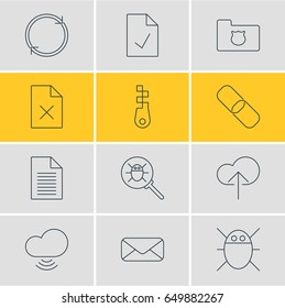 Vector Illustration Of 12 Web Icons. Editable Pack Of Refresh, Privacy Doc, Checked Note And Other Elements.
