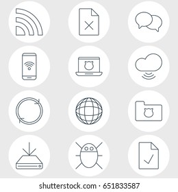 Vector Illustration Of 12 Web Icons. Editable Pack Of Computer Virus, Wave, World And Other Elements.