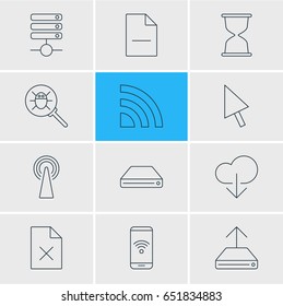 Vector Illustration Of 12 Web Icons. Editable Pack Of Bug, Pointer, Server And Other Elements.