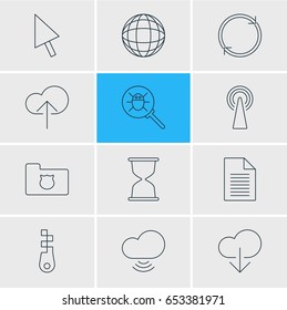 Vector Illustration Of 12 Web Icons. Editable Pack Of Fastener, Data Upload, Router And Other Elements.