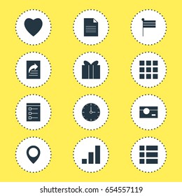 Vector Illustration Of 12 Web Icons. Editable Pack Of Grid, Clock, Document And Other Elements.