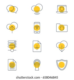 Vector Illustration Of 12 Web Icons. Editable Pack Of Cloud Download, Safeguard, Talking And Other Elements.