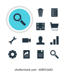Vector Illustration Of 12 Web Icons. Editable Pack Of Document Transfer, Trash, Trolley And Other Elements.