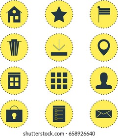 Vector Illustration Of 12 Web Icons. Editable Pack Of Map Pointer, Letter, Keyhole And Other Elements.