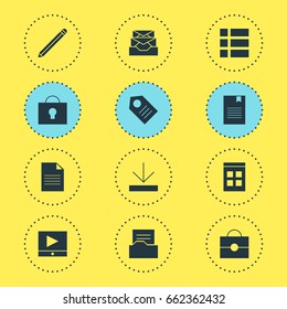 Vector Illustration Of 12 Web Icons. Editable Pack Of List, Upload, Play Button And Other Elements.