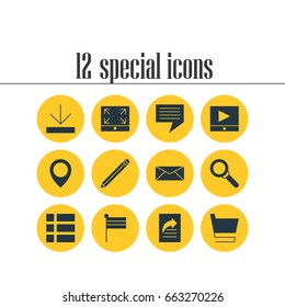 Vector Illustration Of 12 Web Icons. Editable Pack Of Map Pointer, Document Transfer, Upload And Other Elements.