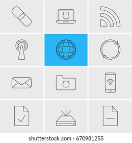 Vector Illustration Of 12 Web Icons. Editable Pack Of Wireless Network, Checked Note, Refresh And Other Elements.