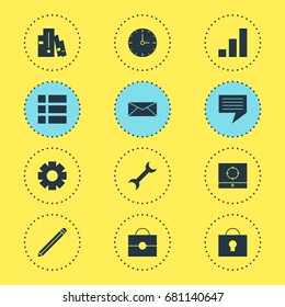 Vector Illustration Of 12 Web Icons. Editable Pack Of Target Scope, Increase Chart, Bookshelf And Other Elements.