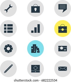 Vector Illustration Of 12 Web Icons. Editable Pack Of Bookshelf, Gear, Increase Chart And Other Elements.