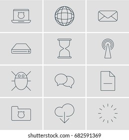 Vector Illustration Of 12 Web Icons. Editable Pack Of Computer Virus, Sandglass, Privacy Doc Elements.