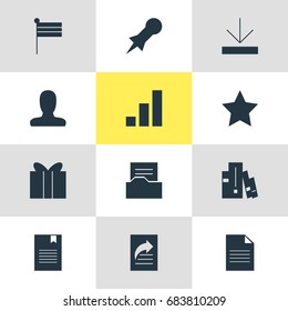 Vector Illustration Of 12 Web Icons. Editable Pack Of Gift, Upload, Document Transfer And Other Elements.