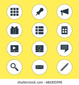 Vector Illustration Of 12 Web Icons. Editable Pack Of Bullhorn, Magnifier, Letter And Other Elements.