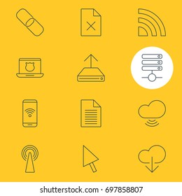 Vector Illustration Of 12 Web Icons. Editable Pack Of Secure Laptop, Wave, Delete Data And Other Elements.