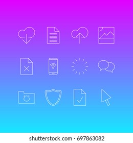 Vector Illustration Of 12 Web Icons. Editable Pack Of Data Upload, Pointer, Safeguard And Other Elements.