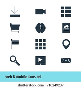 Vector Illustration Of 12 Web Icons. Editable Pack Of Magnifier, Video Camera, List And Other Elements.