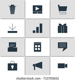 Vector Illustration Of 12 Web Icons. Editable Pack Of Keyhole, Play Button, Increase Chart And Other Elements.